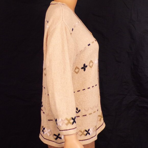 CHRISTOPHER & BANKS size L Jrs. beige (mostly) hand-embroidered cardigan sweater - Picture 5 of 16
